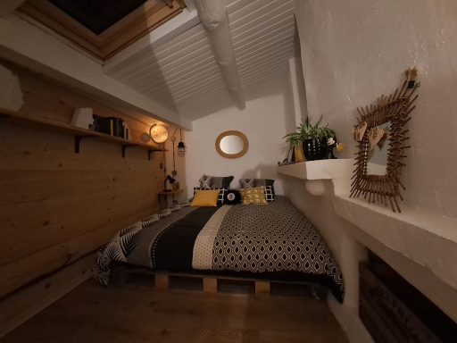 Chambre intime avec un lit, des coussins, des plantes et un miroir au mur.