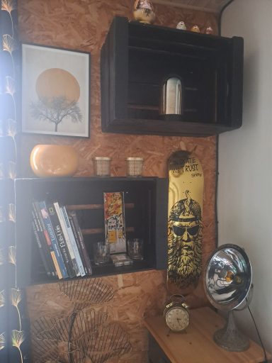 Espace salon  avec caisses en bois, livres, planche de skateboard et objets déco